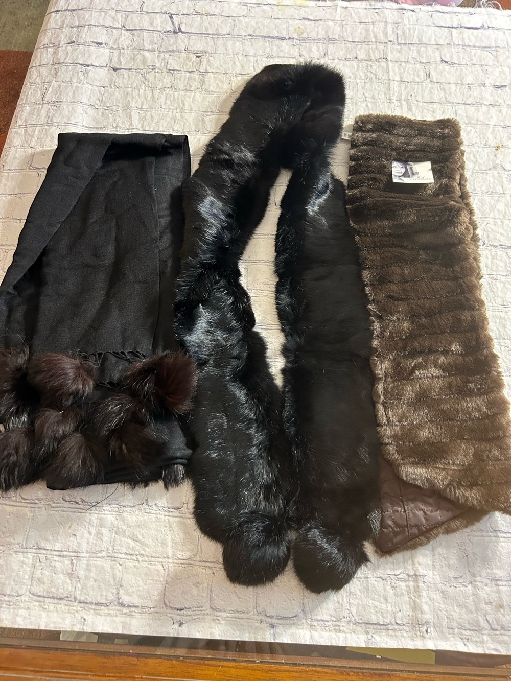 LOT OF (3) FAUX FUR WRAP BLACK AND BLACK & BROWN SHAWL COLLAR SCARVES
